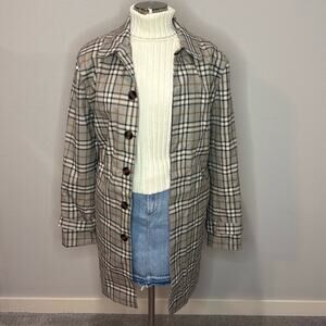 J. Ferrar Brown/White/Black Plaid Trench Coat Size L NWT